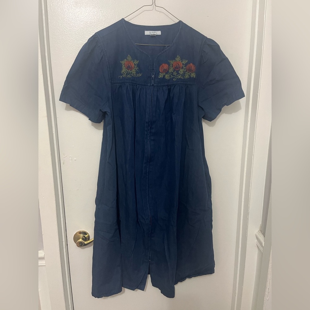 Embroidered Blue Maxi Denim Dress. Size Large. NWOT